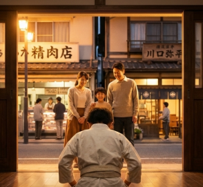道場の戸口ごしに、家族と精肉店の灯りが見える情景